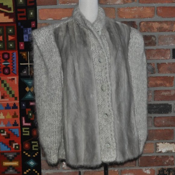 Silver MINK Fur Wool Knit Sweater Winter Cardigan Coat Jacket BIG SHOULDERS M - Picture 4 of 4